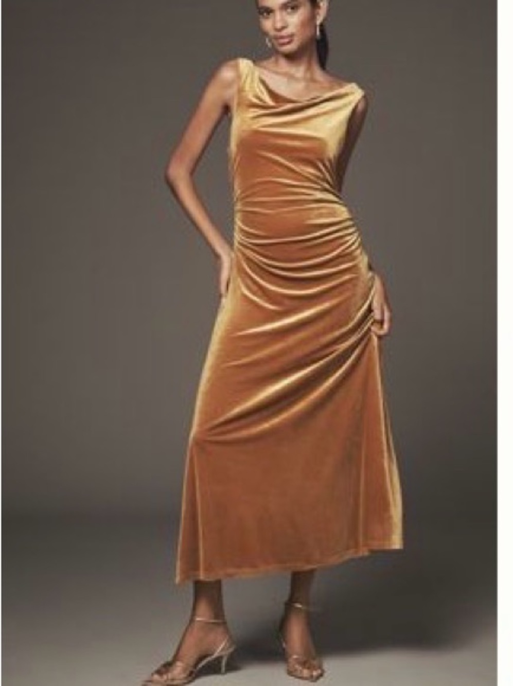Anthropologie Velvet Cowl-Neck Maxi Dress in Golden